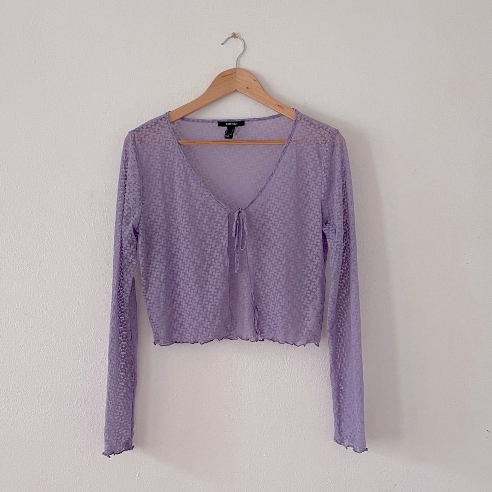 Forever 21 Sheer Overlay Cardigan Y2K Open Front Single Tie Scoop V Top Purple